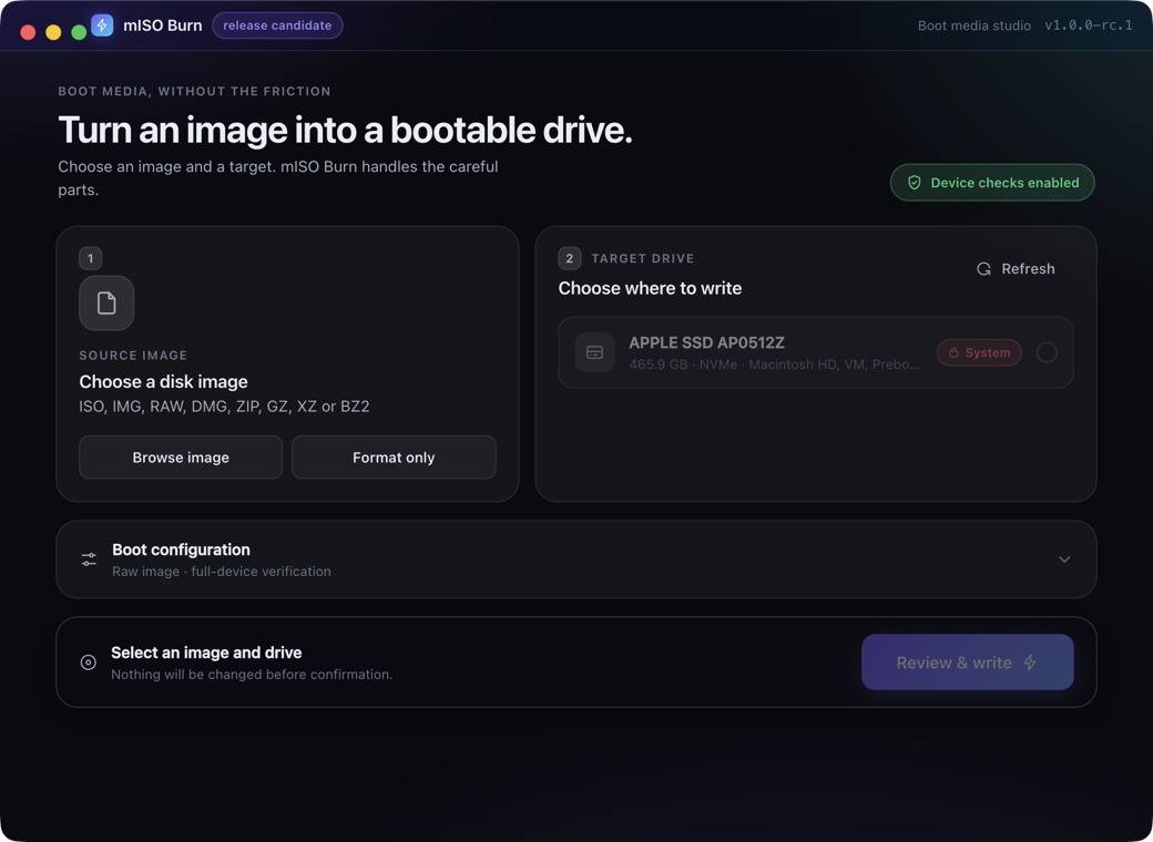 mISO Burn showing image and target-drive selection on macOS
